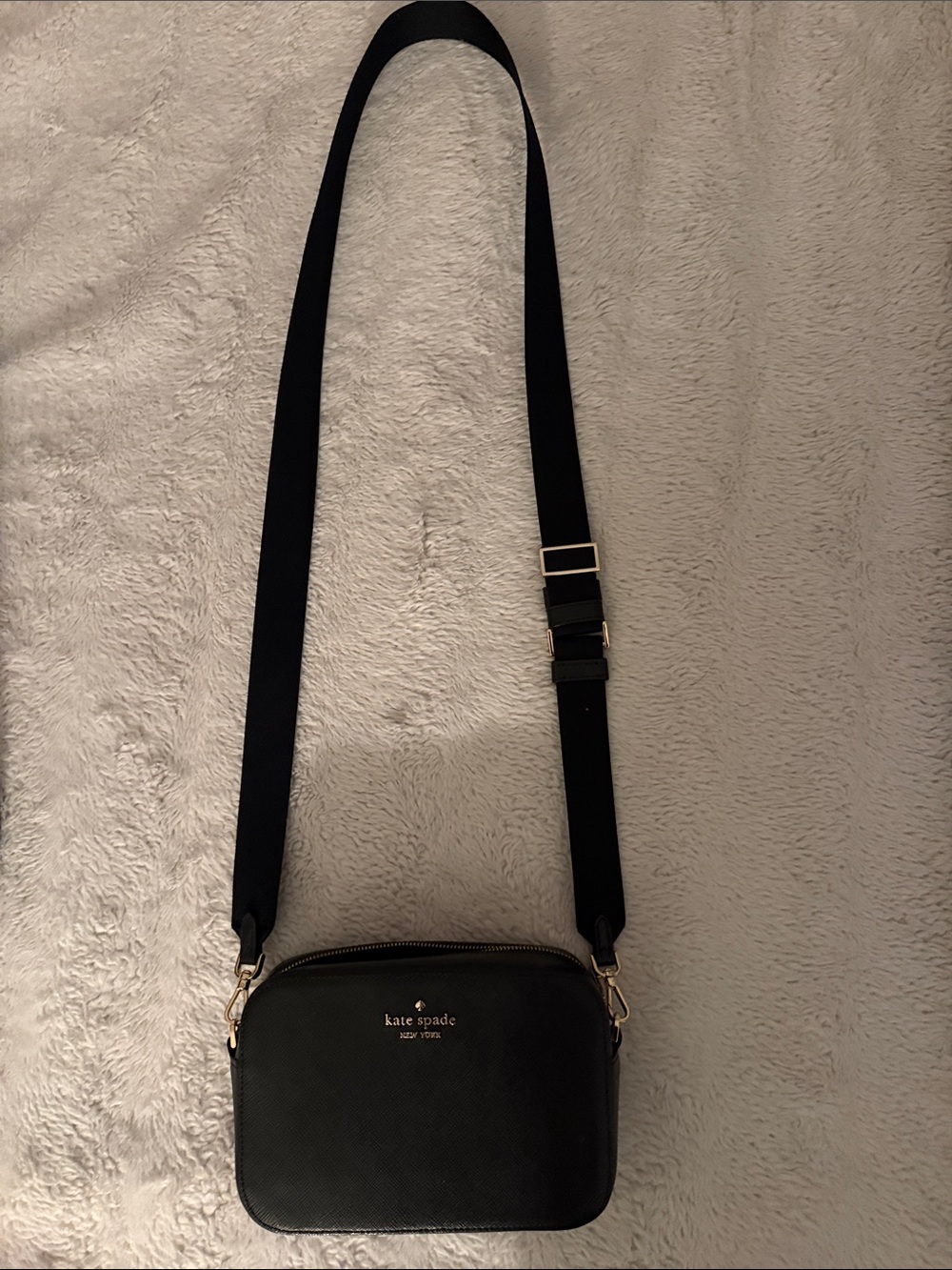 kate spade black leather crossbody camera bag with webbed strap